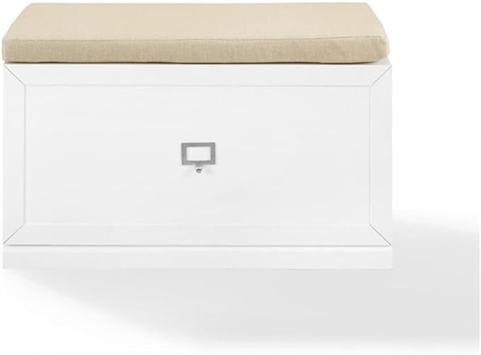 BOWERY HILL Modern Wood Entryway Bench, 20.5" H x 33" W x 16.5" D, White/Tan Finish, Linen Seat Cushion, Large Storage Drawer, Modular Design, Living Room or Entryway Furniture