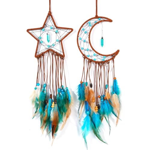 MEXIDAWN 2 Pack DIY Feather Dream Catcher Kits Turquoise Wall Hanging Boho Decor Handmade Dream Catcher for Adults - style: Star*1 & Moon*1