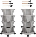 GameXcel Vertical Planter Tower - 4 Tier Stackable Garden Planters with Wheels and Tools Plant Pots for Strawberry Herb Flower and Vegetable Indoor Outdoor Use Gray 2 Pack