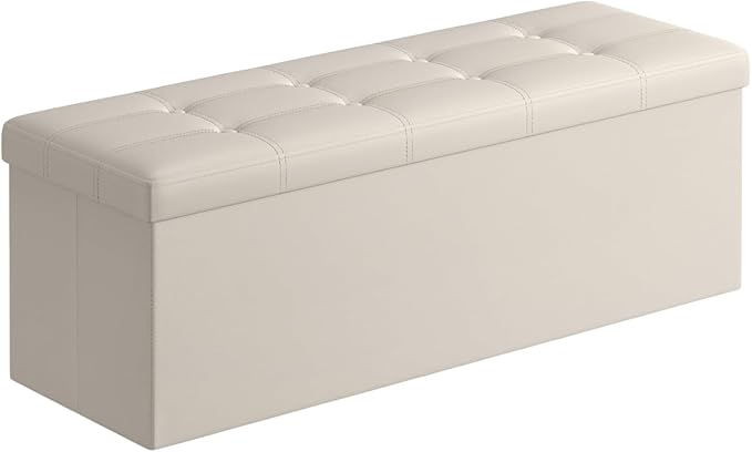 SONGMICS Mazie Collection - 43 Inches Folding Storage Ottoman Bench, Ottoman with Storage, Foot Rest Stool, Load 660 lb, for Living Room, Synthetic Leather, Cream White ULSF70M