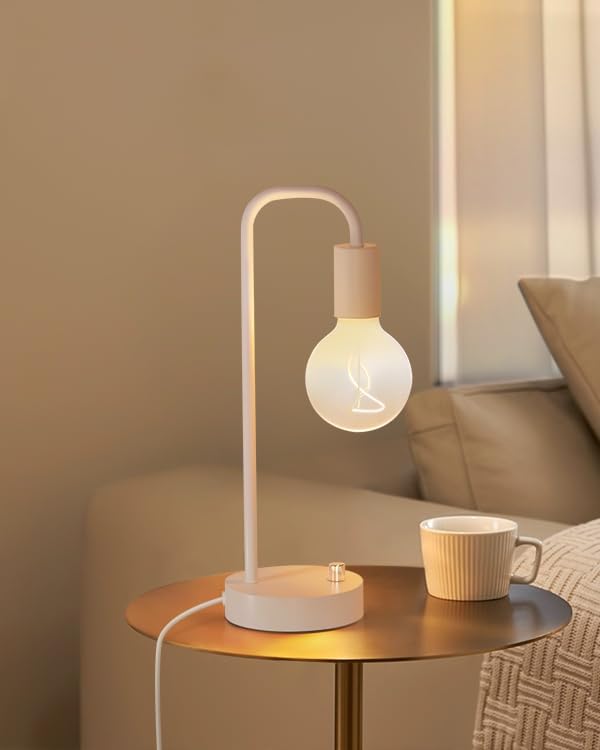 ONEWISH Industrial Small Table Lamp for Bedroom, Fully Dimmable Modern Beside Lamps with 2700K Warm Light Bulb for Kids Reading, White Nightstand Lamps for Living Room, Dorm,Home Office