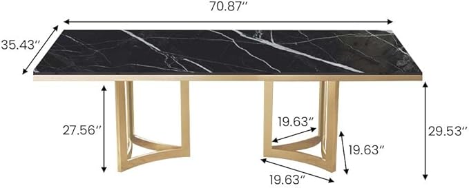 POVISON Marble Dining Table for 6, Modern Table 71" for Kitchen & Dining Room, Luxury Black Dining Table with Gold Trestle Pedestal(Table Only)