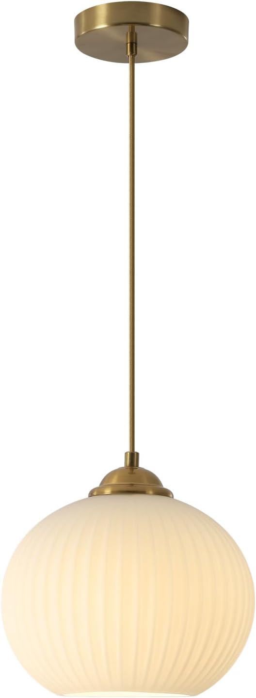 KCO Lighting Mid Century 1-Light Globe Pendant Light Industrial Vintage Brass Gold Pendant Lighting Fixture Kitchen Island Adjustable White Glass Hanging Ceiling Lights
