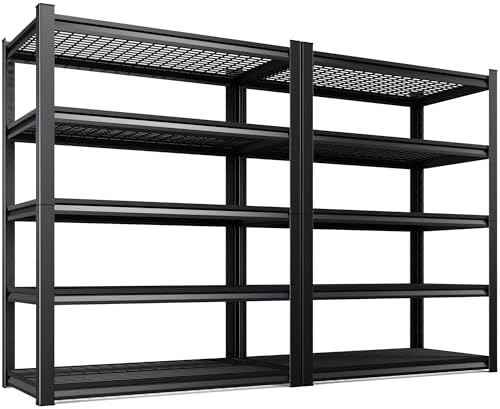 Set of 2 Garage Shelving Heavy Duty Storage Shelves, Metal Adjustable Shelving Unit, Utility Garage Organizer Shelf for Basement, Pantry, Kitchen, Warehouse, 15.7" Dx35.4 Wx71.2 H, Black