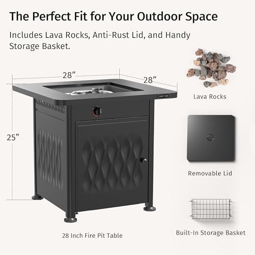 28" Outdoor Propane Fire Pit Table | 50,000 BTU Gas Fire Pit Table for Outside with Magnetic Lid | Storage Basket & Lava Rocks | CSA Certified for Patio, Garden & Backyard | Black