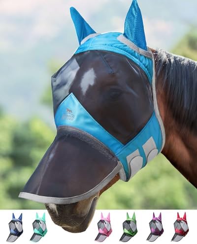Harrison Howard CareMaster Pro Luminous Horse Fly Mask Large Eye Space Long Nose with Ears UV Protection for Horse Sky Blue XL Extra Full