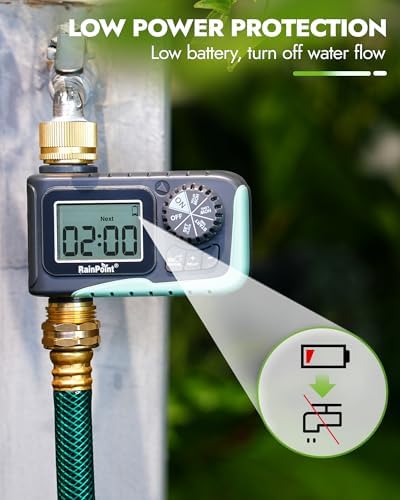 RAINPOINT Sprinkler Timer with Brass Inlet & Outlet, Programmable Hose Timer for Garden Soaker Hose, Watering Timer with Rain Delay/Manual Watering System, Digital Drip Irrigation for Yard, Lawn