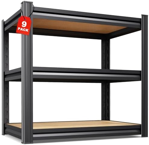 Set of 9 Garage Shelving,3 Tier Garage Storage Shelves,Adjustable Heavy Duty Metal Shelving Units and Storage Large Rack,Utility Steel Shelf For Shop Warehouse Industrial Pantry Basement 33"x35"x16"