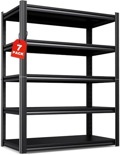 Set of 7 All Metal Garage Shelving - 2050 lbs 5 Tier Storage Shelves, Adjustable Heavy Duty Metal Shelving Unit and Storage Large Rack, Utility Steel Shelf for Warehouse Industrial Pantry, 71"x46"x20"