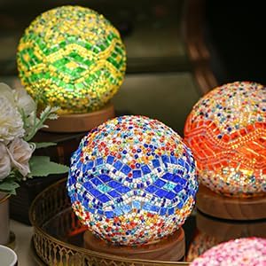 Turkish Table lamp (D:4.7" x H:5.2"),Mosaic Glass Lamps with Wooden Base, Bohemian Tiffany Bedside Lamps, USB power Moroccan Lantern for Living Room Halloween Decorations (Baroque - Pink, Baroque)