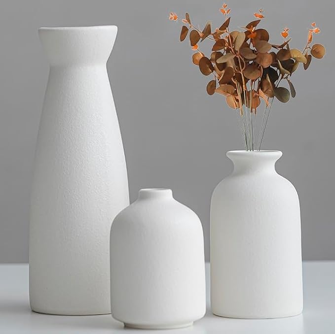 Distressed Ceramic Vase Set of 3, Modern Bohemian Farmhouse Home Decor, Pampas Grass Dried Flowers Vases for Living Room, Dining Room, Bedroom, Kitchen, Bathroom, Office, Entryway (White)