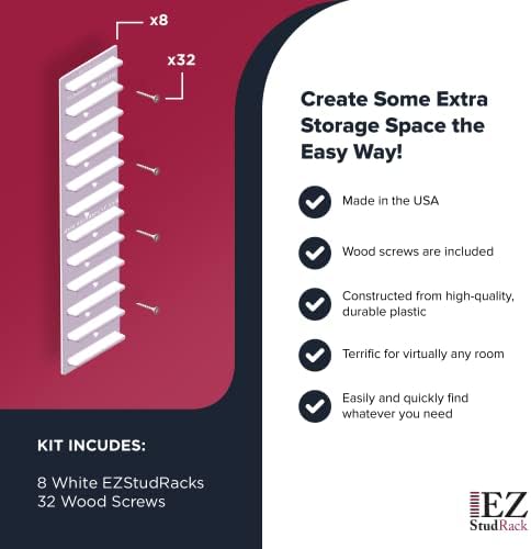 Made in USA EZStudRack Adjustable Shelf Brackets, 8-Pack (4 Pairs) – Easy-to-Adjust One-Row Storage for Custom-Fit Shelves – Your Items, Your Wood, You Supply It