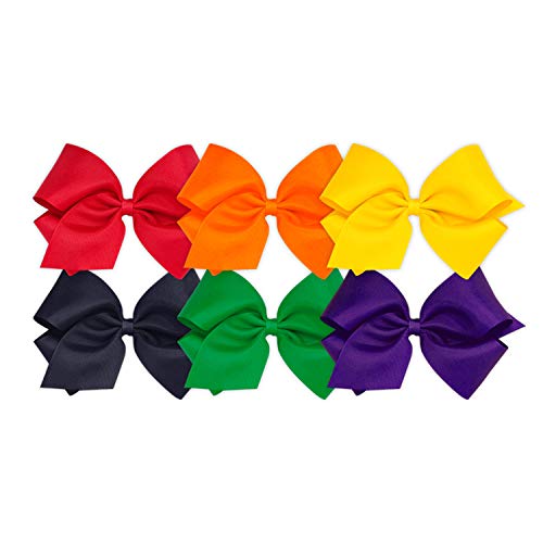 Wee Ones Girls' 6 Piece Set of Bows, Solid Grosgrain Variety Pack on a WeeStay No-Slip Hair Clip, King, Red, Orange, Yellow, Navy, Green, Purple