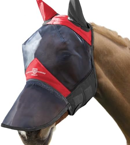 Harrison Howard Pro Luminous Horse Fly Mask Long Nose with Ears UV Protection for Horse Scarlet Red/Black Medium Cob
