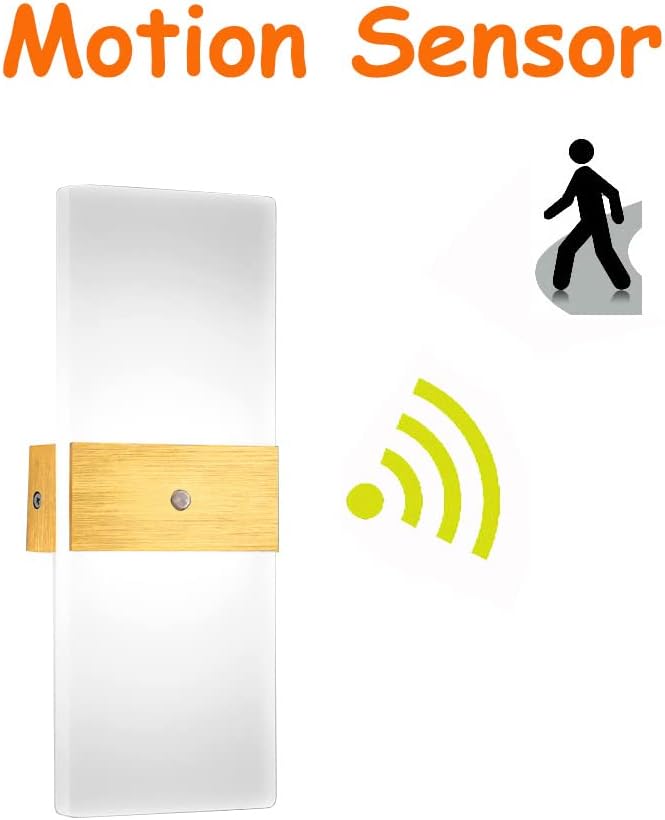 LED Motion Sensor Wall Lamp Security Light 12W SMD 2835 Acrylic Up/Down Wall Sconce Light Motion Activated Porch Lamp Fixture Modern Lighting for Stairway Patio Aisle Brushed Golden 6000K