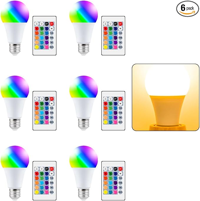 6Pack 10W RGB Smart Colorful Mood Lamp E27/E26 Timing Multifunction Spotlight Bulbs 16Colors Changing Dimmable 85-265V Indoor Atmosphere Nightlight 110V Bar Counter KTV Party Decorative With IR Remote