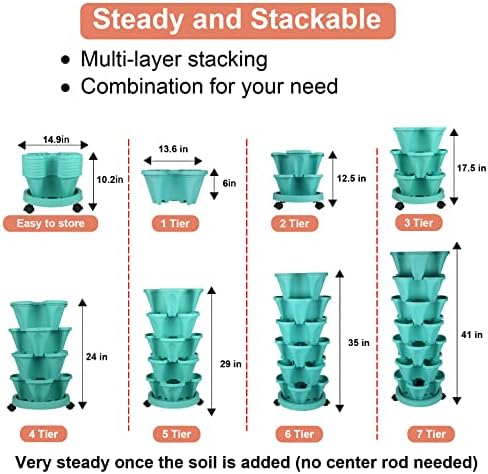 GameXcel Vertical Planter Tower - 7 Tier Stackable Garden Planters with Wheels and Tools Plant Pots for Strawberry Herb Flower and Vegetable Indoor Outdoor Use Teal