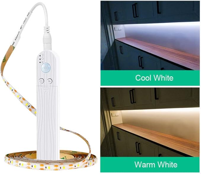 LED Under Cabinet LED Strip Motion Sensor, Battery Powered Bed Stairs Wardrobe Lamp Tape, Waterproof 5V LED Closet Smart Night Strip Light (3M, Warm White)