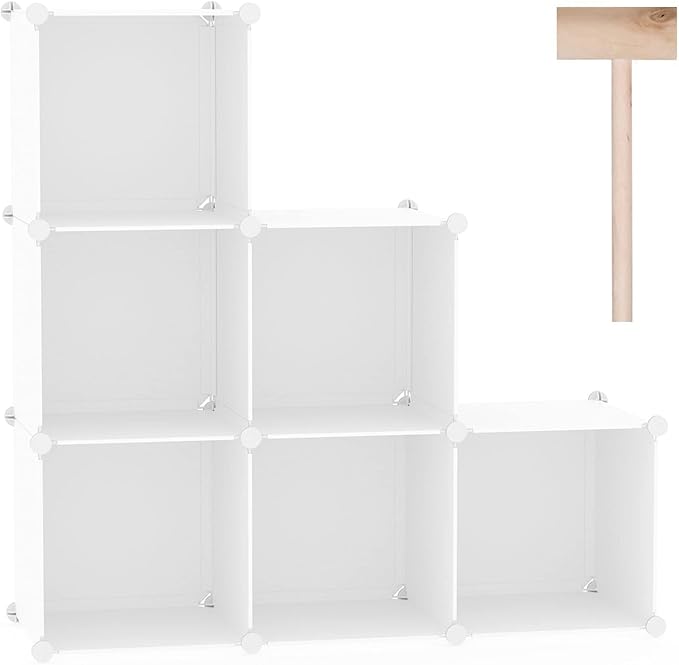 C&AHOME 6-Cube Storage Organizer, Stackable Storage Cubes Shelves, Portable Bookshelf, Plastic Clothing Storage Closet Organizer, DIY Modular Shelving Units for Wardrobe, Home, Milky