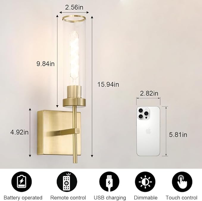 Gold Battery Operated Wall Sconce Set of 2, USB Rechargeable Wall Light with Remote Control, Brass Wireless Vanity Light Fixture with Bulbs(DC 5V), Glass Dimmable Sconce for Living Room Mirror Bedroom