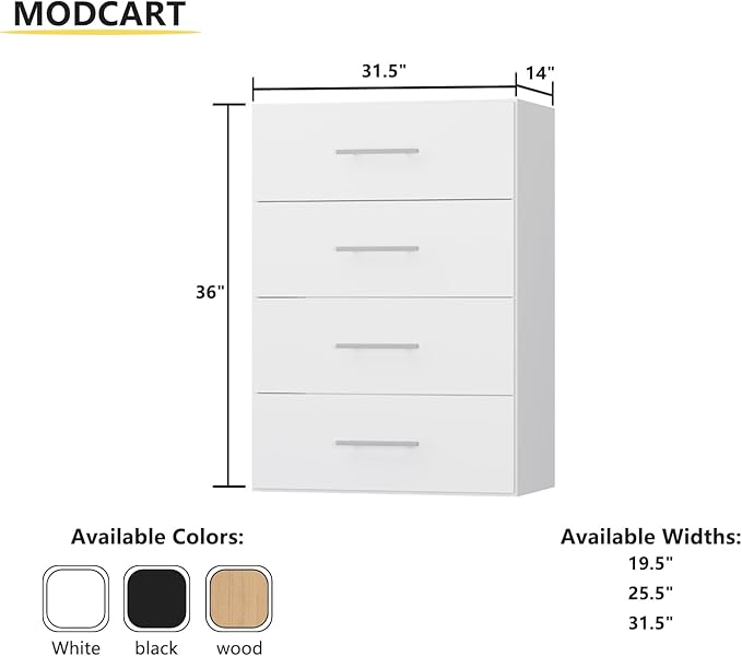 4 Drawer Short Tower Closet Unit, Modular Closet System, Wood Closet System Organizer with Storage for Walk In Closets, Clothing Rack Closet for Hanging Clothes, Bedroom, White, 31.5"W