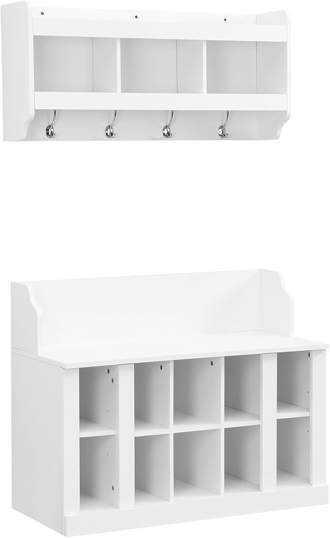 AMNOOL Modern Hall Tree with Shelves and 4 Hooks with Wall Mounted Coat Rack Shoe Storage Bench with Ten Storage Compartments Adjustable Shelves for Hallway, Foyer, Mud Room (White)