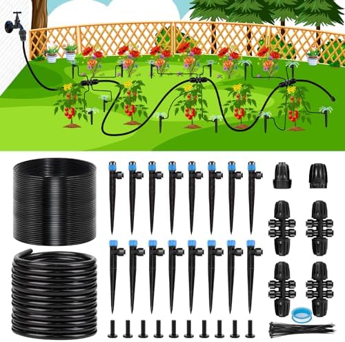 102FT Drip Irrigation System Kit, New Quick-Connect, Automatic Garden Watering Misting System for Greenhouse, Yard, Lawn, Plant with 1/2 inch Hose 1/4 inch Distribution Tubing and Accessories