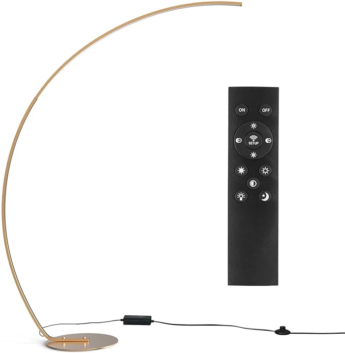 NUÜR Arc Floor Lamp, 67" Tall Gold LED Modern Standing Floor Lamp with Remote Control, Arched Bright Floor Lamps for Living Room Bedroom Office Home