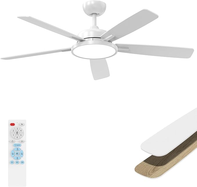 Roomratv Ceiling Fans with Lights,52 Inch,Remote Control,Dimmable,Quiet Reversible DC Motor,White Ceiling Fan for Living Room,Bedroom,Kitchens,Outdoor Patio,Farmhouse