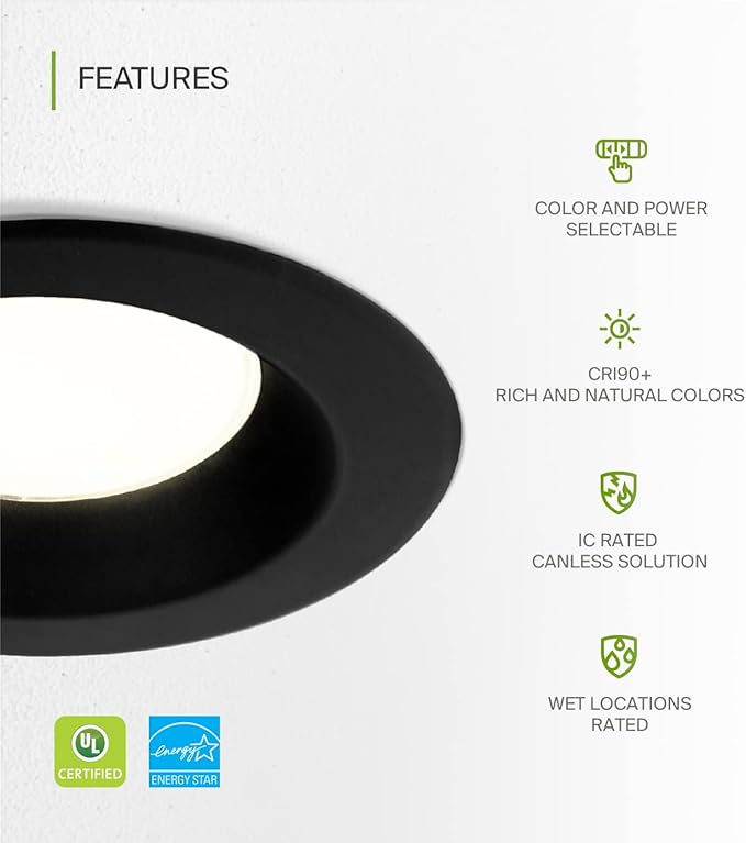 ASD 8 Inch Commercial Canless LED Downlight, Power Adjustable 12/20/30W Lighting, Round Dimmable Recessed Ceiling Light Fixture, 5 Color Temperatures 2700K-5000K, 120-277V IC Rated UL & Energy Star