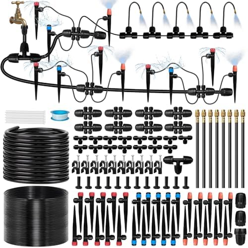 250FT Drip Irrigation System for Garden with 38pcs Adjustable Copper Nozzles & Emitters, Automatic Garden Watering System with 1/2" & 1/4" Tubing for Raised Bed, Yard, Greenhouse, Potted Plants, Lawn