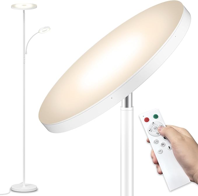White Floor Lamp, 42W 4000LM Super Bright LED Room Lamp with Adjustable Reading Light,Dimmable Modern Standing Lamp with Remote & Touch Control for Room Bedroom Office Floor Light