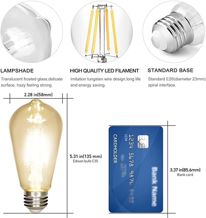 Vintage Edison Bulb 4W,Equivalent 40W Incandescent,ST18 Antique LED Filament Bulbs,Non Dimmable 2700K Warm White,E26 Led Bulb,Pack of 6