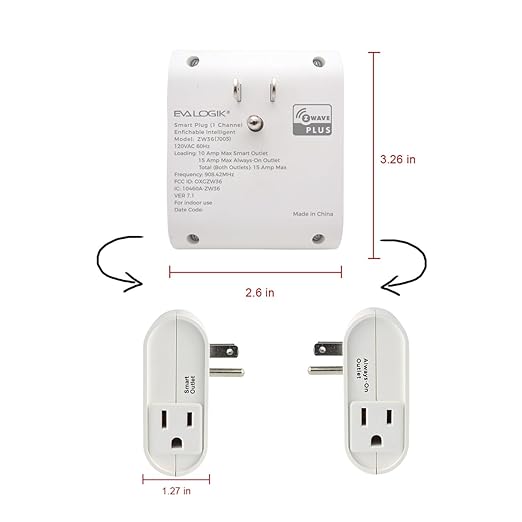 Z-Wave Outlet Plug-in Socket, Smart Plug, 1 On/Off Outlet & 1 Alway On Outlet, Z Wave Hub Required, Built-in Repeater, Works with SmartThings, Wink, Alexa, Google Assistant
