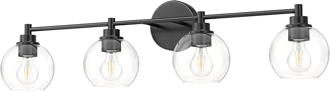 VONLUCE Bathroom Light Fixtures, 4-Light Bathroom Vanity Light with Globe Glass Shades E26 Sockets, Vanity Lights Over Mirror for Bedroom Hallway Living Room, Black Finish