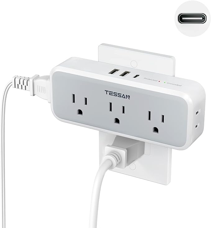 Multi Plug Outlet Extender, USB C Wall Charger, TESSAN Wall Plug Splitter with 5 Outlets and 3 USB, Electrical Power Expander with Surge Protector Spaced for Home Office Dorm Room