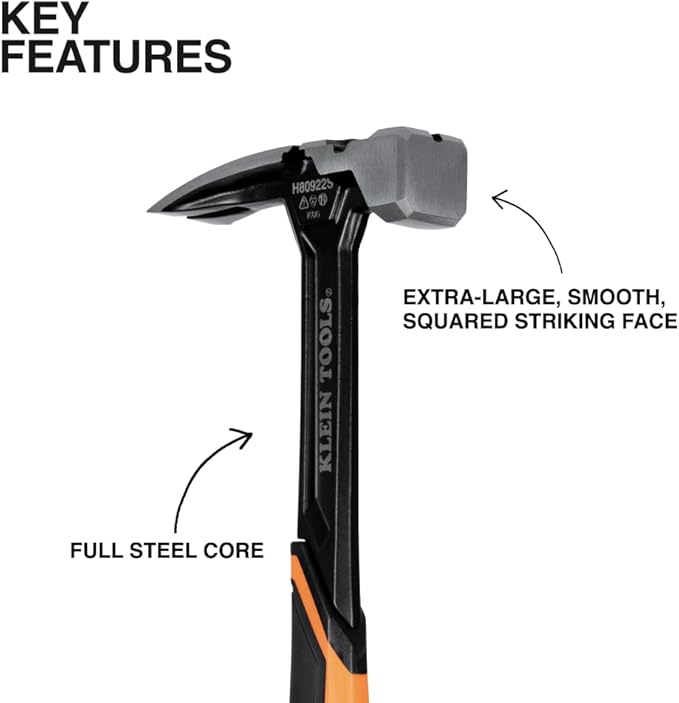 Klein Tools H80922S Smooth Face Framing Hammer with Straight Claw, 22-Ounce Forged Steel, Magnetic Nail Starter, and Extra-Large Squared Strike Face