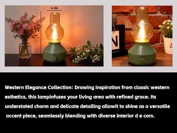 Vintage Rechargeable Cordless Table Lamp 2 Pack,Dimmable Rotary Control, Small Battery-Powered,Hand-Blown Glass, Bulbs Included,Retro Farmhouse Lamp for Bedroom, Living Room, Kitchen,Green