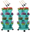 GameXcel Vertical Planter Tower - 4 Tier Stackable Garden Planters with Wheels and Tools Plant Pots for Strawberry Herb Flower and Vegetable Indoor Outdoor Use Teal 2 Pack