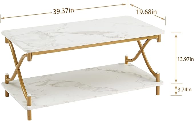 VECELO White and Gold Coffee Table with Storage and Open Shelves for Living Dining Room 39-Inch, Modern Rectangle & Industrial Design, X-Shape Frame, Easy Assemble