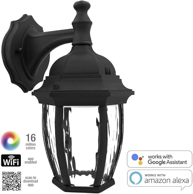 Maxxima Luvoni Smart WiFi LED Outdoor Wall Light, Black w/Clear Water Glass, App Controlled Porch Lantern, 850 Lumens, CCT 2700K - 6500K, Dimmable, Works with Google Home/Alexa