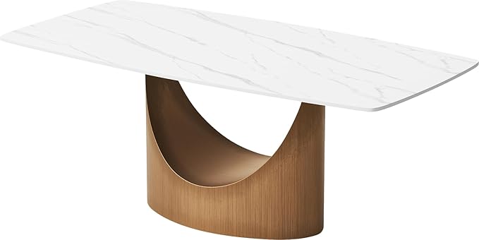 POVISON 71" Hobart Modern Dining Table for 6-8, Matte White Dining Table Sintered Stone Dining Tabletop with Bronze Carbon Steel Pedestal for Dining Room (Table Only)