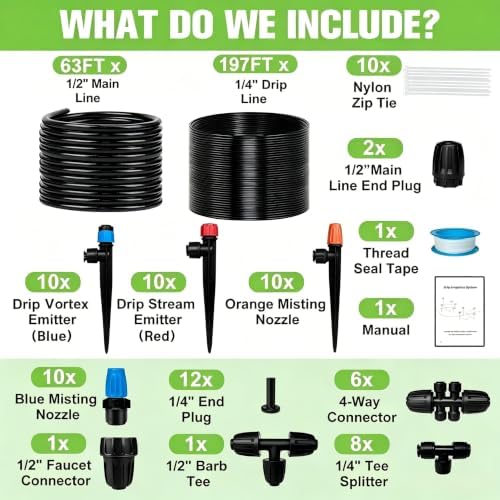 260FT Drip Irrigation System for Garden with 40 Nozzles & Emitters, Garden Watering System with 1/2" & 1/4" Tube and Barbed Fittings - Adjustable Sprinklers Kit for Greenhouse,Lawn,Pond De-Icer