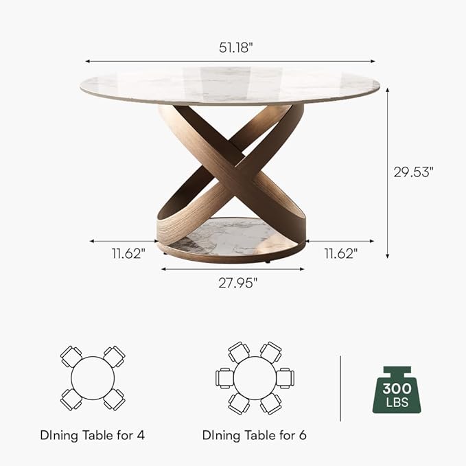 POVISON 51" Modern Round Dining Table, Pandora Round Kitchen Table for 4, Sintered Stone Dining Room Table top with Bronze X Carbon Steel Base (Dining Table Only)