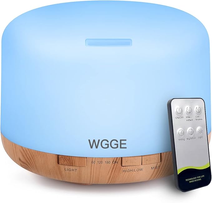 WGGE Essential Oil Diffuser, 500ml Premium Ultrasonic Vaporizer Aromatherapy Diffuser with 7 Color Changing, Timer, and Waterless Auto-Off with Remote Control.