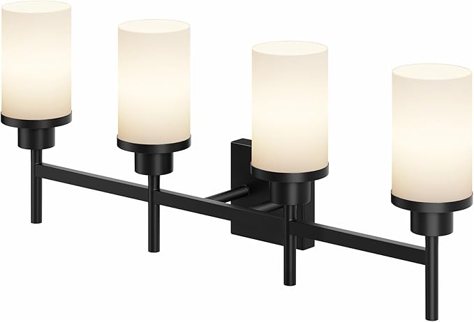 Wall Light Fixtures 4-Light Over Mirror, Matte Black Vanity Lights with White Frosted Glass Shade, Wall Sconces for Bathroom Kitchen T001MB-L4