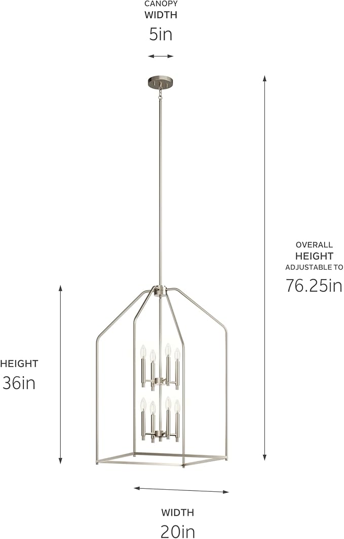 Kichler Madden 36" 8 Light Foyer Pendant in Brushed Nickel, Soft Modern Fixture, for Small Kitchen, Coffee Table, Office, Bedroom, Foyer, (36" x 20"), 52723NI