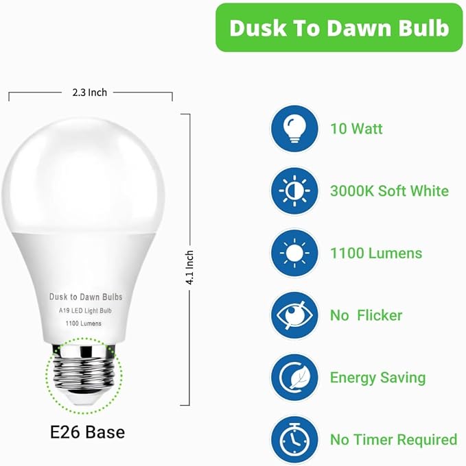 4 Pack Dusk to Dawn LED Light Bulbs 10W(75W Equivalent), 3000K Soft White 1100LM,E26 A19 Automatic Sensor Bulb, Built-in Photocell Detector for Garage Door, Porch, Outdoor Lighting(Non-Dimmable)