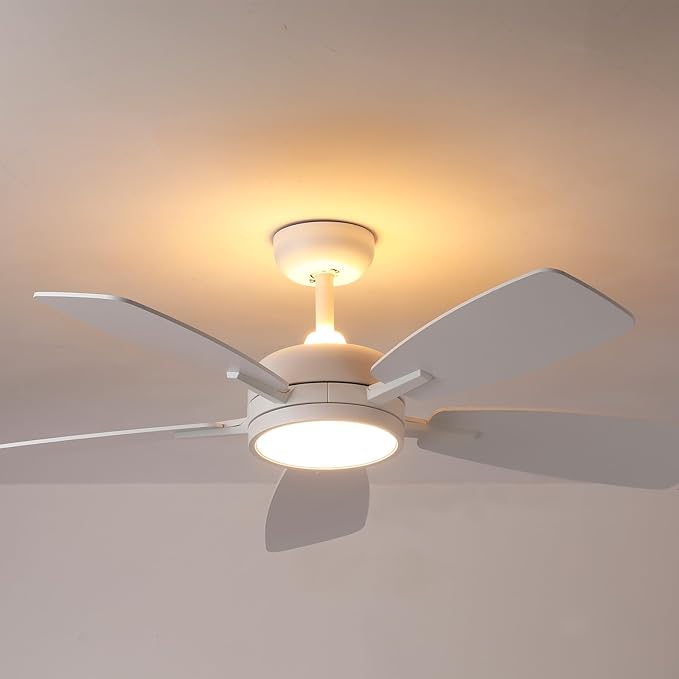 Roomratv Ceiling Fans with Lights,46 Inch,Remote Control,Night Light,Dimmable,Reversible,Noiseless,6 Speeds,Timer,White Modern Ceiling Fan for Living Room,Bedroom,Kitchens,Kis room,Outdoor Patio