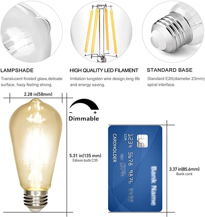 Dimmable Vintage Edison Bulb 4W,Equivalent 40W Incandescent,ST18 Antique LED Filament Bulbs,2700K Warm White 450 Lumens,E26 Led Bulb,Pack of 3